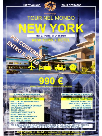 27 Febb. Tour NY + Betel 6gg